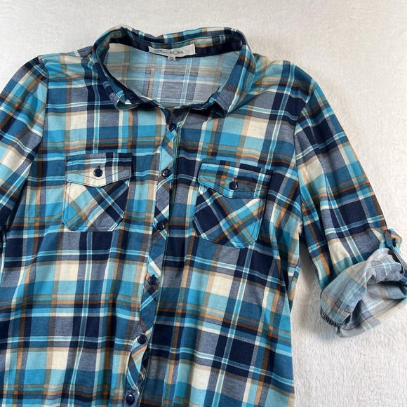 Eden & Olivia Tops - Eden & Olivia Shirt Womens Medium Blue Plaid Button Up Roll Tab Tunic Top